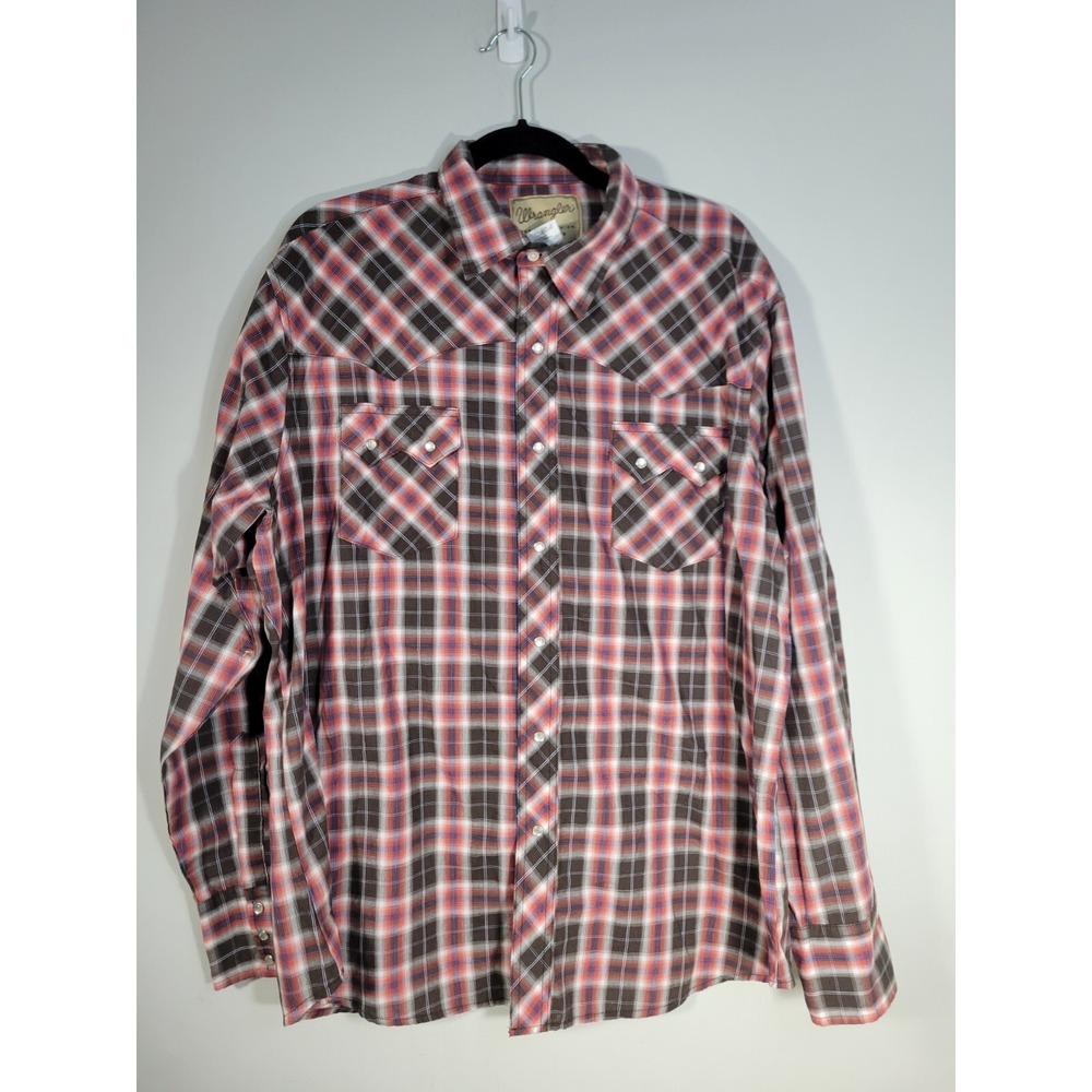 Wrangler Men's Western Pearl Snap‎ Shirt  Plaid Brown Pink Blue  XL